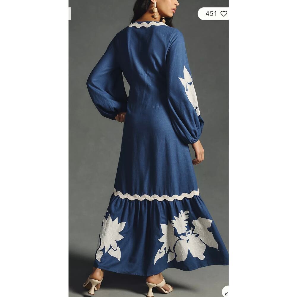 Farm Rio Flounce Blue & White Embroidered Linen-Blend Maxi Dress Pockets Size XS - Picture 2 of 14